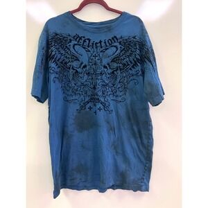 Affliction Live Fast Skulls Wings Tie Dye Graphic T-Shirt Blue‎ 2XL Made in USA